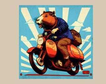DIGITAL DOWNLOAD, Capybara guinea pig on retro motorcycle, ukiyo-e style, printable wall art, downloadable art for print, capybara art