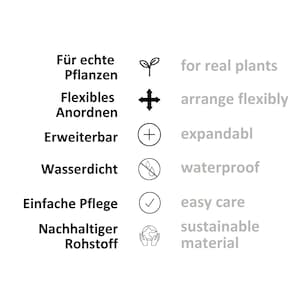Deine Vorteile gegenüber alternativen Produkten. Hier kannst du echte Pflanzen verwenden, Flexibles Anordnen je nach Bedarf ist möglich, Wasserdichte Töpfe, einfache Pflege durch Abnehmbare Töpfe, horizontal oder vertikal erweiterbar, Nachhaltig