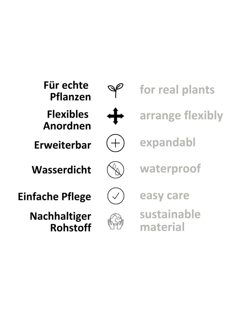 Deine Vorteile gegenüber alternativen Produkten. Hier kannst du echte Pflanzen verwenden, Flexibles Anordnen je nach Bedarf ist möglich, Wasserdichte Töpfe, einfache Pflege durch Abnehmbare Töpfe, horizontal oder vertikal erweiterbar, Nachhaltig