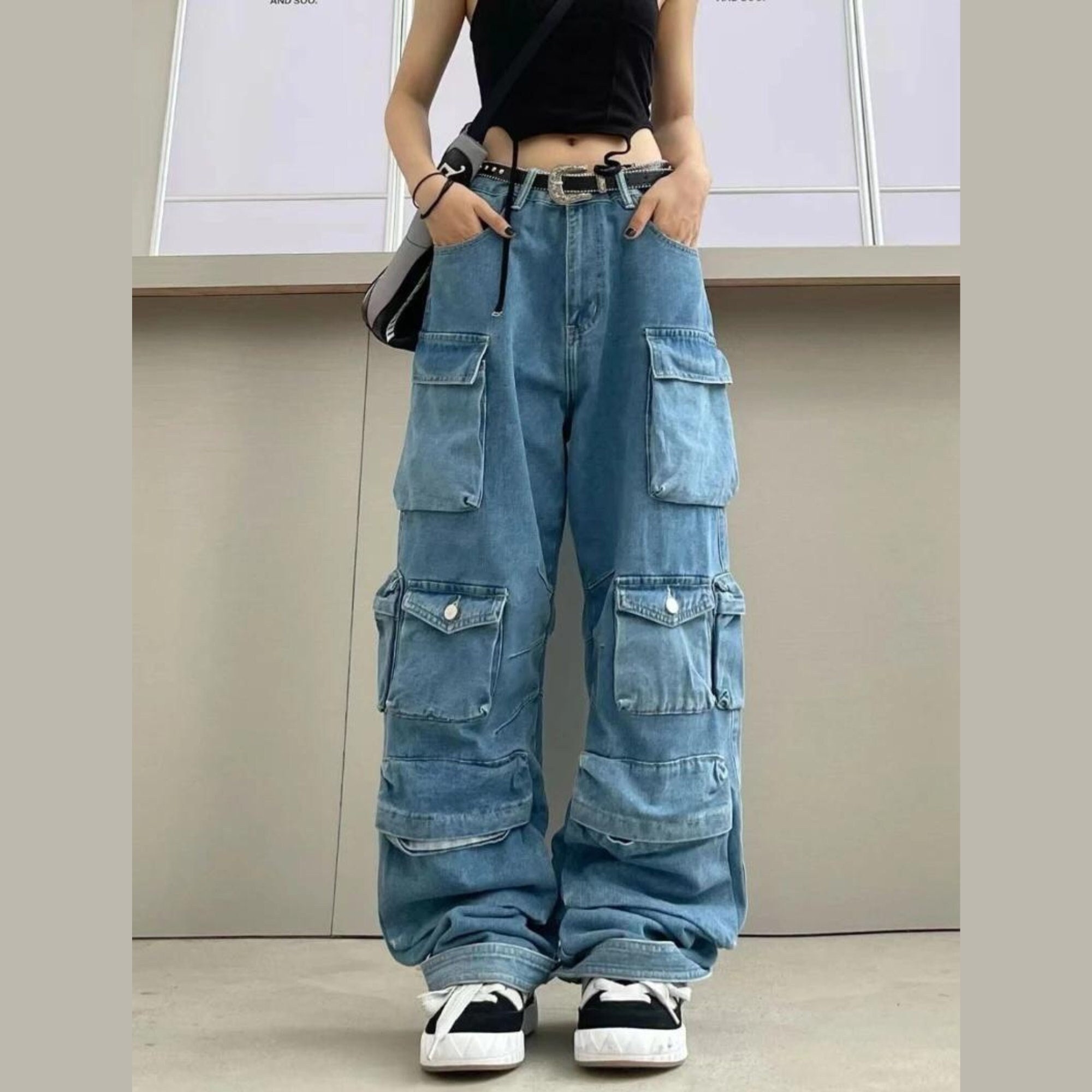Baggy Jeans Cargo Pants Women Multiplepocket Blue Jeans Etsy