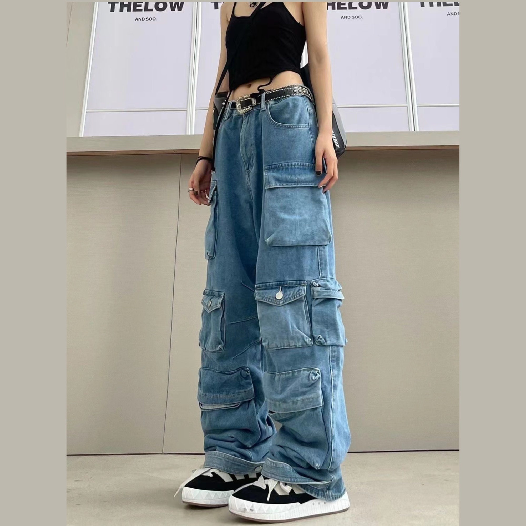 Baggy Jeans Cargo Pants Women Multiple-pocket Blue Jeans - Etsy