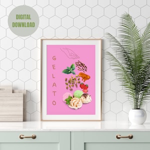GELATO VISUAL RECIPE, Italian hand gesture wall art, Italian ice cream poster, kitchen wall décor, pink wall print