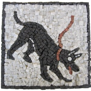 May include: A black and white mosaic tile depicting a black dog on a leash. The dog is running and the leash is red.