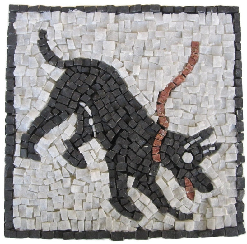 May include: A black and white mosaic tile depicting a black dog on a leash. The dog is running and the leash is red.