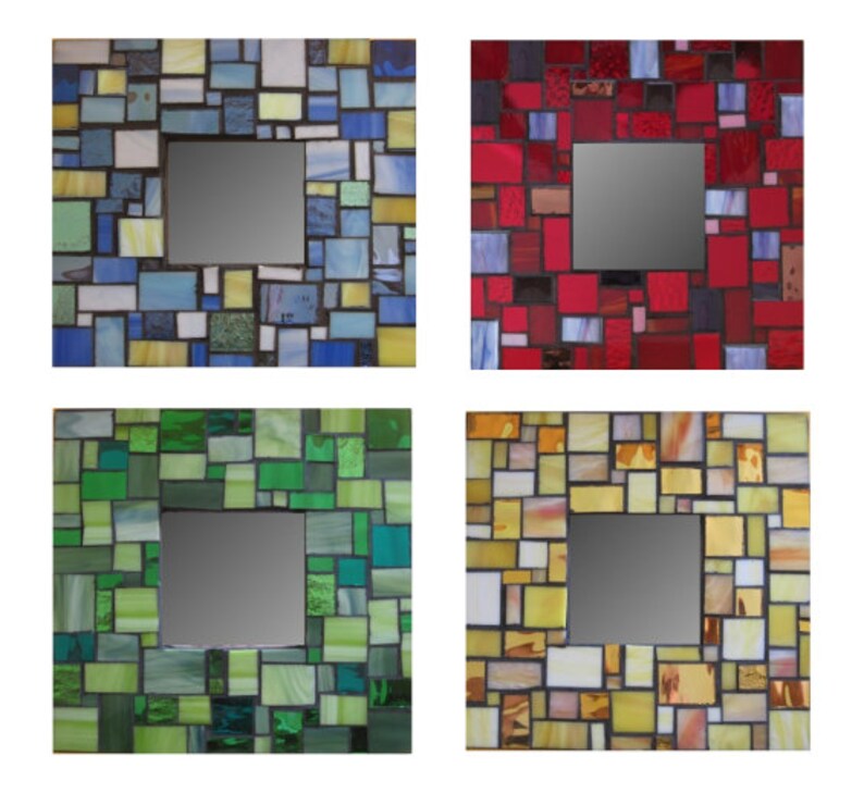 May include: Four square mosaic mirror frames with different colored glass tiles. The frames are blue, red, green, and yellow.