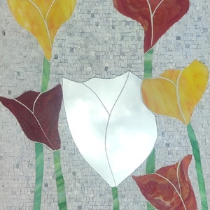 May include: Mosaic art featuring five stylized flowers with white, yellow, and red petals. The flowers are arranged in a cluster and have green stems.