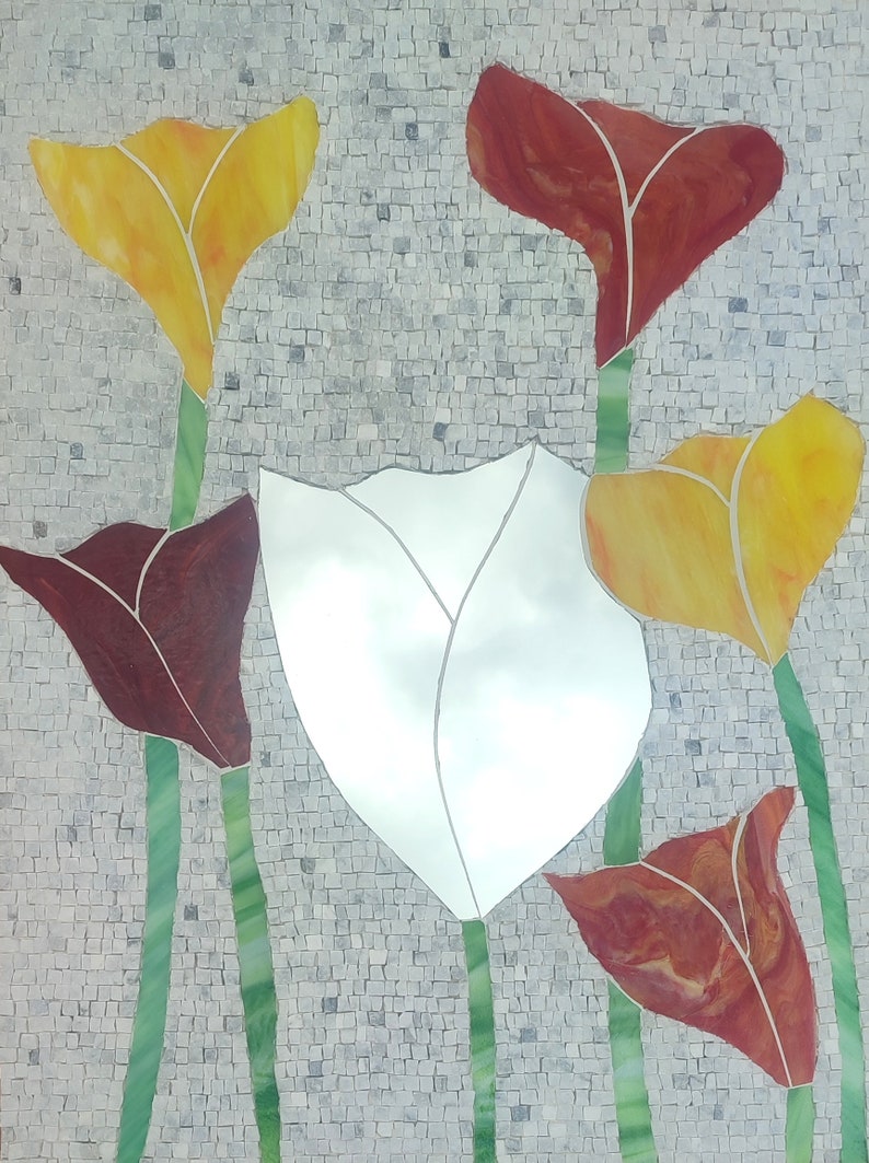 May include: Mosaic art featuring five stylized flowers with white, yellow, and red petals. The flowers are arranged in a cluster and have green stems.