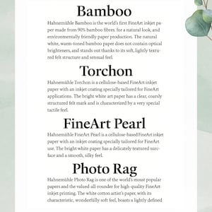 Może przedstawiać: Opis papier&oacute;w z nazwami "Bamboo", "Torchon", "FineArt Pearl" i "Photo Rag". Tekst opisuje cechy papieru, takie jak wł&oacute;kna bambusowe, faktura i powłoka do druku atramentowego.