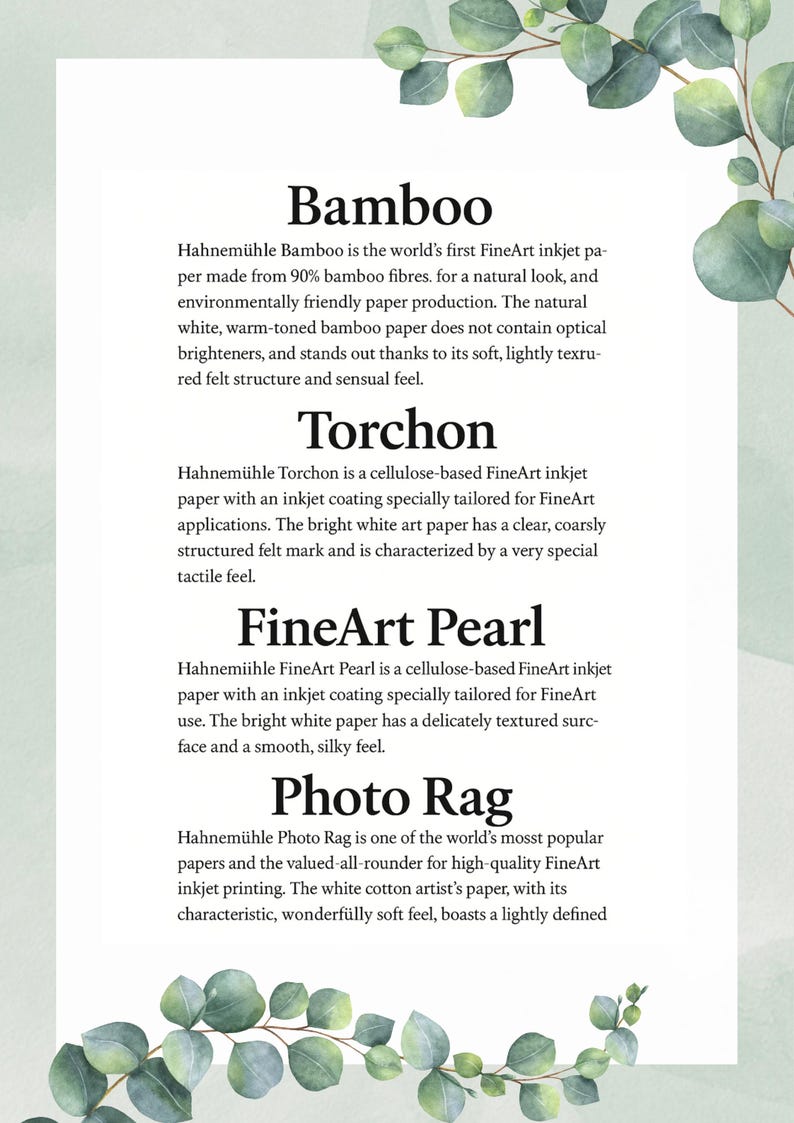 Może przedstawiać: Opis papier&oacute;w z nazwami "Bamboo", "Torchon", "FineArt Pearl" i "Photo Rag". Tekst opisuje cechy papieru, takie jak wł&oacute;kna bambusowe, faktura i powłoka do druku atramentowego.