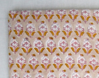 beige pink booty printed fabric - 100% cotton cambric - hand block printed
