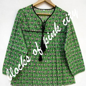 green-red floral screen printed women&#39;s tops and blouse - V neckline with tassels casual tunics