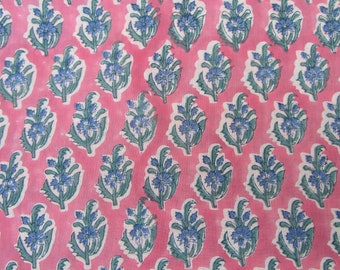 pink and blue Indian block print fabric - 100% cotton cambric - hand block print