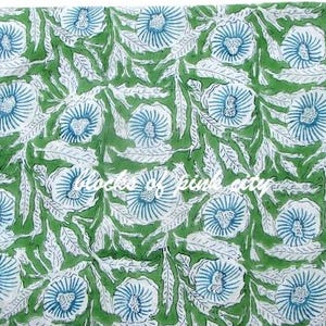 Green & Blue Floral Hand Block Printed Cotton Cambric Fabric by the Yard
