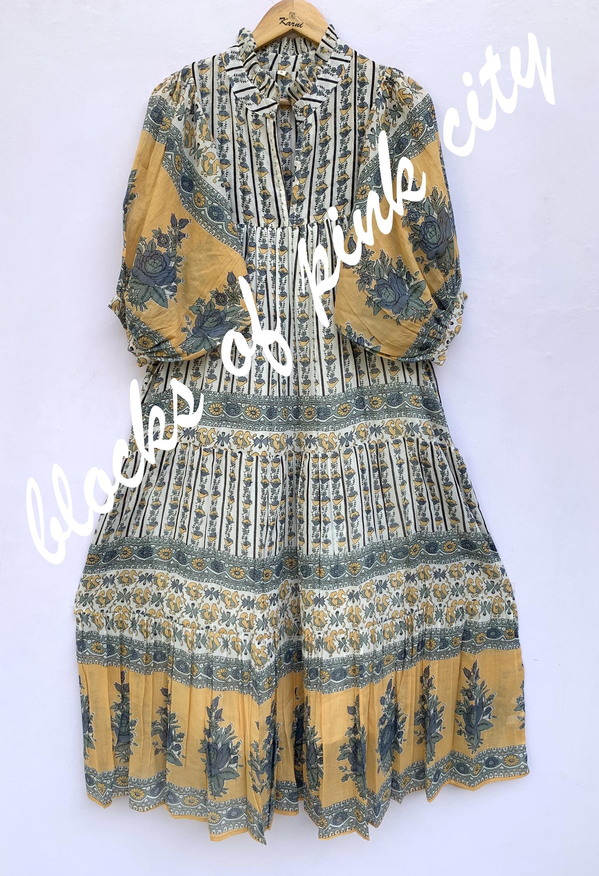 indian cotton yellow-blue floral screen printed women's maxi dress - frill collar with belt long dress - boho dress with lining