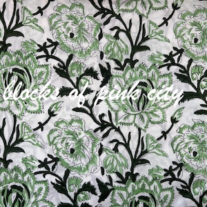 Green Floral Hand Block Printed Cotton Fabric by the Yard – Free Shipping