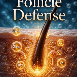 May include: A cross-section of skin showing a hair follicle with glowing golden spheres labeled Biotin, Zinc, B12, D3, C, and Fe. The text reads TheRootSecret Follicle Defense The Botanical Protocol for Hormonal Hair Loss & Cellular Nutrition.