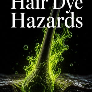 May include: A dark hair strand emerging from a textured surface, surrounded by a glowing neon green liquid splash. The text reads TheRootSecret, Hair Dye Hazards, and The Cellular Cost of Chemical Pigmentation against a black background.