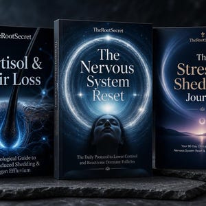 Op de afbeelding: Drie boeken getiteld The Root Secret: Cortisol & Hair Loss, The Nervous System Reset en The Stress & Shedding Journal. De covers tonen donkerblauwe kosmische ontwerpen, gloeiende lichtringen en tekst. Een bruine fles lavendelolie staat ernaast.