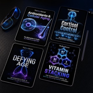 Op de afbeelding: Vier digitale tablets met de TheRootSecret-gidsen getiteld Antioxidants & Cellular Aging, Cortisol Control, Defying Age en Vitamin Stacking. Elk scherm toont lichtgevende blauwe en paarse wetenschappelijke afbeeldingen, tekst en diagrammen.