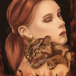 Quadro a pastello  disegnato a mano con cornice economica Donna con gatto