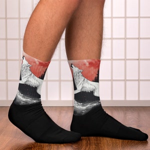 Nocturnal Elegance Sox Lunar Serenade Footwear Socks Moonlit Howl Socks - White Wolf and Red Moon Design Stylish Howling Wolf Socks