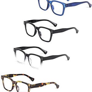 May include: Four pairs of rectangular glasses with clear lenses. The top pair is translucent blue, the second is solid black, the third features a black-to-clear gradient frame, and the bottom pair has a brown and black tortoiseshell pattern.