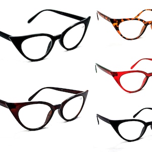 May include: Set of five cat eye glasses in different colours, including black, brown, tortoiseshell, red, and black. The glasses have a classic cat eye shape with a clear lens.
