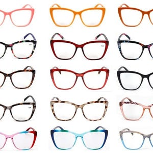 May include: A selection of spectacles in diverse colours and patterns. Frames include pink, orange, brown, red, black, and patterned designs. The glasses have clear lenses and are arranged in a grid.