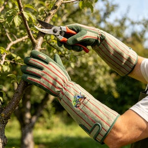 May include: A pair of long, olive green gardening gloves with thin red vertical stripes and a reinforced palm. The gloves feature an extended gauntlet cuff and a small embroidered graphic of a watering can and plants with the text "Whispering Garden".