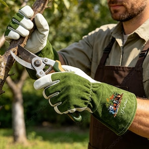 May include: Green and white gardening gloves with a floral design and the name "Prithvi" printed on the cuff. The gloves are being used to hold a tree branch while using pruning shears. The shears are silver and green.