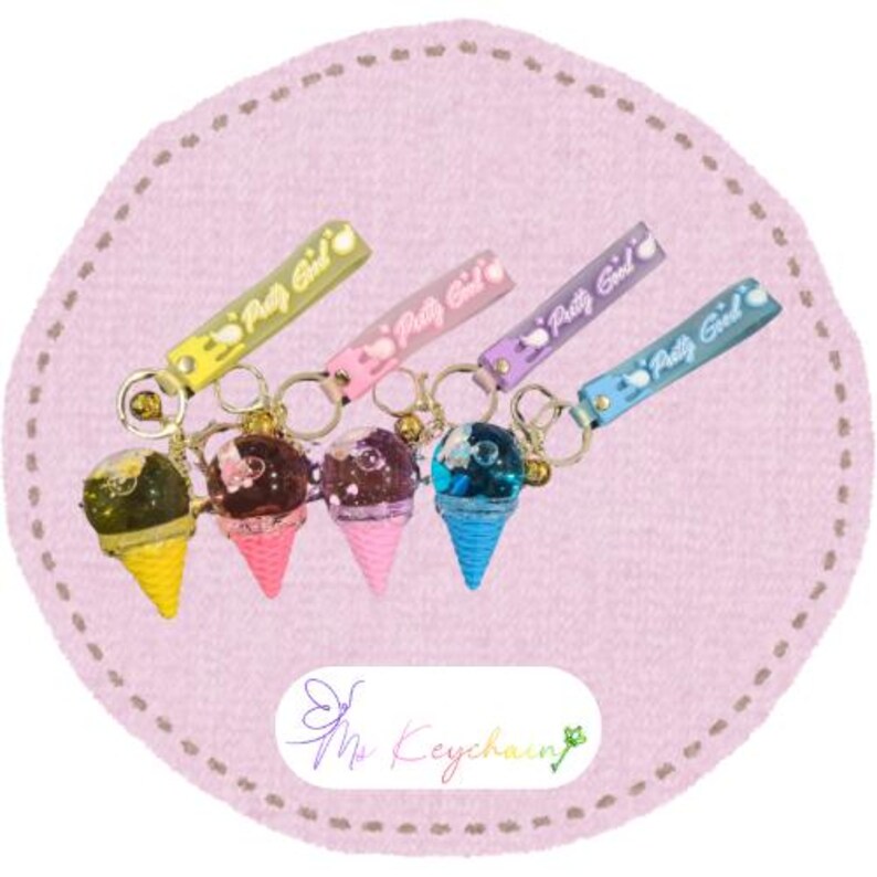 Glitter Unicorn Ice Cream Key chain Stars Hearts Gold Bell image 2
