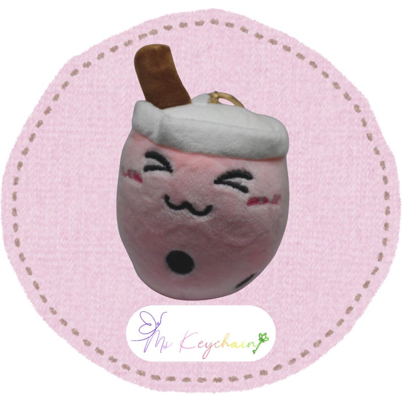Soft Small Squish Smile Plushie Bubble Boba Tea Toy Wrist Strip Pink Cute Face