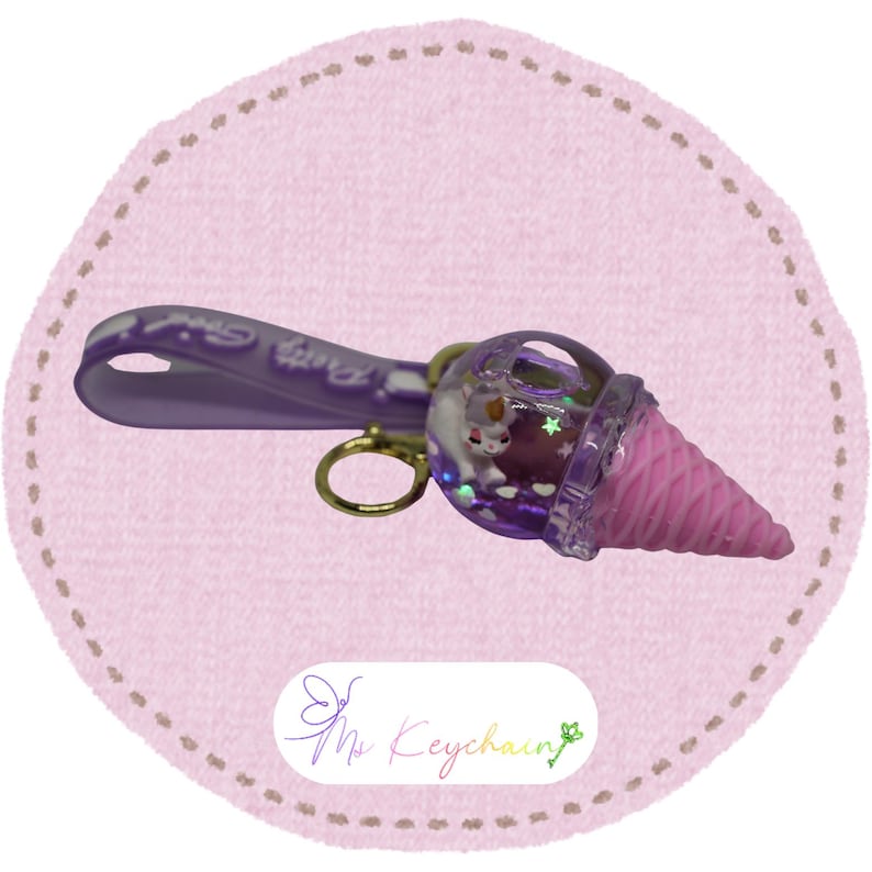 Glitter Unicorn Ice Cream Key chain Stars Hearts Gold Bell image 1