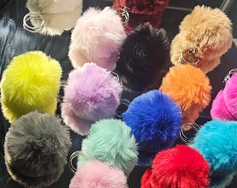 Fuzzy Faux Fur Pom Pom Keychain with Silver Chain