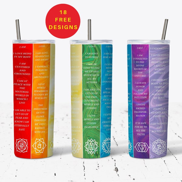 Chakra affirmations, 20oz Skinny and tapered Tumbler Sublimation Wrap Design PNG Files Digital Download, Positive Tumbler