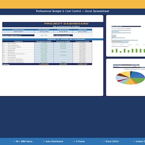 May include: A digital Excel spreadsheet template titled Professional Budget & Cost Control featuring a Project Dashboard with tables for budget versus actual costs by category, a bar chart for invoiced amounts, and a pie chart for budget allocation.