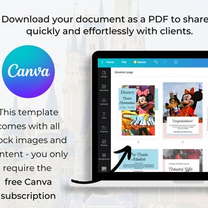 May include: A screenshot of a Canva design template for a Disney cruise itinerary. The template includes sections for pre-cruise activities, onboard gifts, and a start planning section. The template features a colorful design with images of Mickey Mouse and Minnie Mouse.