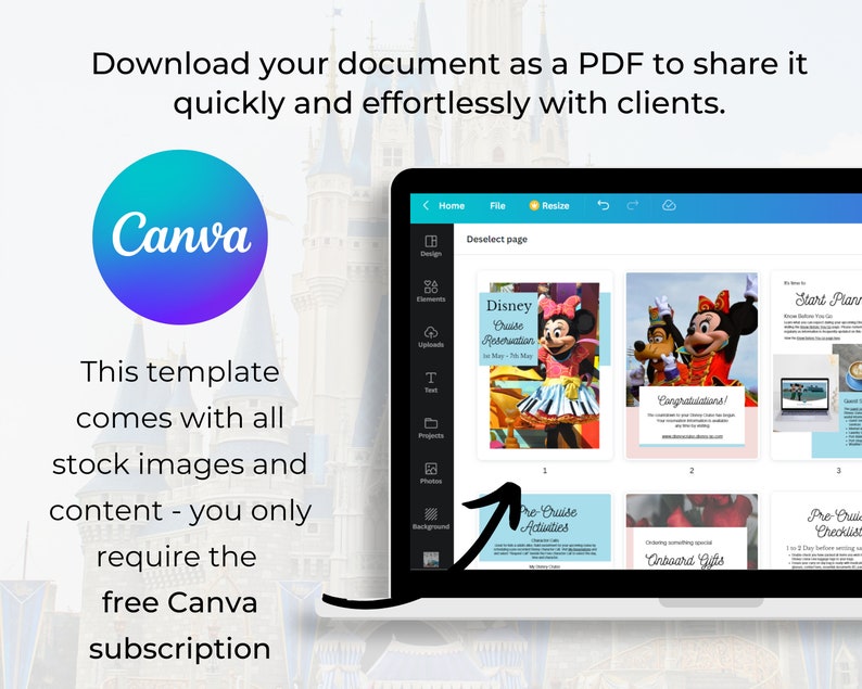 May include: A screenshot of a Canva design template for a Disney cruise itinerary. The template includes sections for pre-cruise activities, onboard gifts, and a start planning section. The template features a colorful design with images of Mickey Mouse and Minnie Mouse.