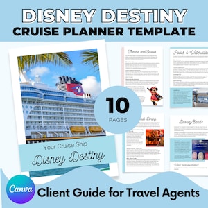 Könnte beinhalten: Eine Disney Destiny Cruise Planner Vorlage mit einem Kreuzfahrtschiffbild, mit dem Text "DISNEY DESTINY CRUISE PLANNER TEMPLATE". Die Vorlage enthält 10 Seiten und ist ein Kundenleitfaden für Reisebüros.