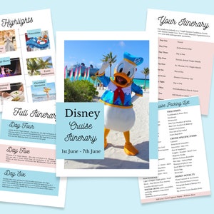 May include: A printable Disney cruise itinerary with a photo of Mickey Mouse in a captain's hat on a beach. The itinerary includes a full itinerary, highlights, packing list, and a list of activities. The dates of the cruise are 1st June - 7th June.