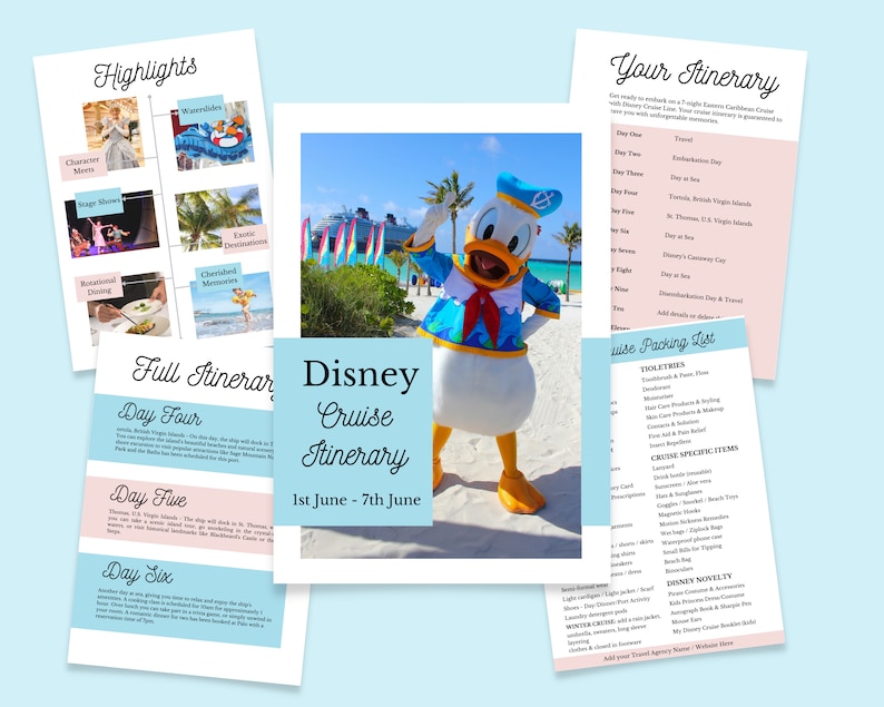 May include: A printable Disney cruise itinerary with a photo of Mickey Mouse in a captain's hat on a beach. The itinerary includes a full itinerary, highlights, packing list, and a list of activities. The dates of the cruise are 1st June - 7th June.