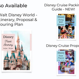 May include: A collage of four printable Disney travel itineraries. The top left image shows Cinderella's Castle at Walt Disney World. The top right image shows Mickey Mouse and Goofy on a Disney Cruise. The bottom left image shows a Disney Cruise proposal itinerary. The bottom right image shows Donald Duck and Daisy Duck on a Disney Cruise.