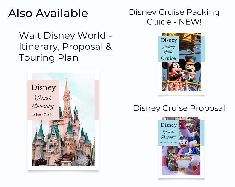May include: A collage of four printable Disney travel itineraries. The top left image shows Cinderella's Castle at Walt Disney World. The top right image shows Mickey Mouse and Goofy on a Disney Cruise. The bottom left image shows a Disney Cruise proposal itinerary. The bottom right image shows Donald Duck and Daisy Duck on a Disney Cruise.