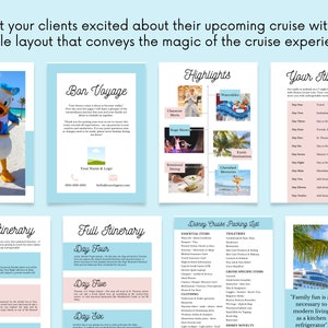 May include: A colorful brochure with a Disney cruise itinerary. The brochure features a cartoon image of Donald Duck, a cruise ship, and a packing list. The text on the brochure includes the words "Bon Voyage", "Highlights", "Your Itinerary", and "Full Itinerary".