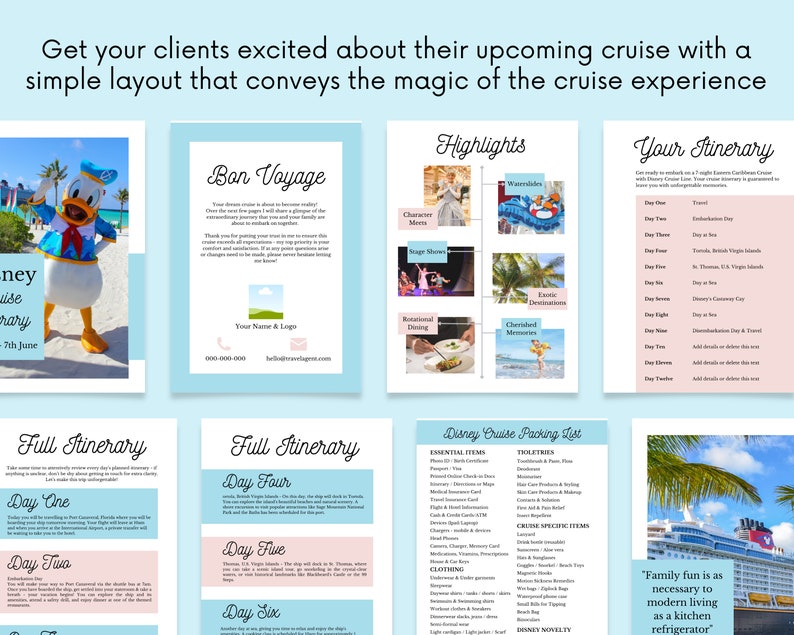 May include: A colorful brochure with a Disney cruise itinerary. The brochure features a cartoon image of Donald Duck, a cruise ship, and a packing list. The text on the brochure includes the words "Bon Voyage", "Highlights", "Your Itinerary", and "Full Itinerary".