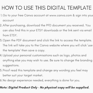 May include: A text-based guide on how to use a digital template. The guide includes six steps, such as downloading the PDF document, clicking the link to access the template, and uploading personal customizations. The guide also states that the product is a digital product only and no physical copy will be supplied.