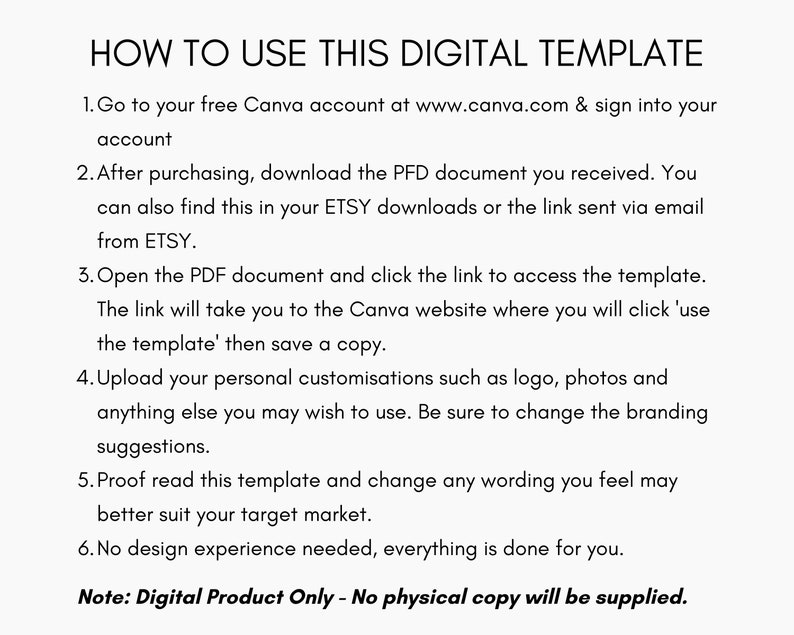 May include: A text-based guide on how to use a digital template. The guide includes six steps, such as downloading the PDF document, clicking the link to access the template, and uploading personal customizations. The guide also states that the product is a digital product only and no physical copy will be supplied.
