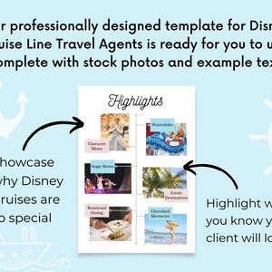 May include: A template for Disney Cruise Line Travel Agents with a grid of images and text highlighting the cruise experience. The images show character meet and greets, stage shows, waterslides, exotic destinations, rotational dining, and cherished memories.