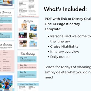 May include: A printable Disney Cruise itinerary planner with a pink and blue color scheme. The planner includes a welcome message, cruise highlights, itinerary overview, daily outline, and space for 12 days of planning.