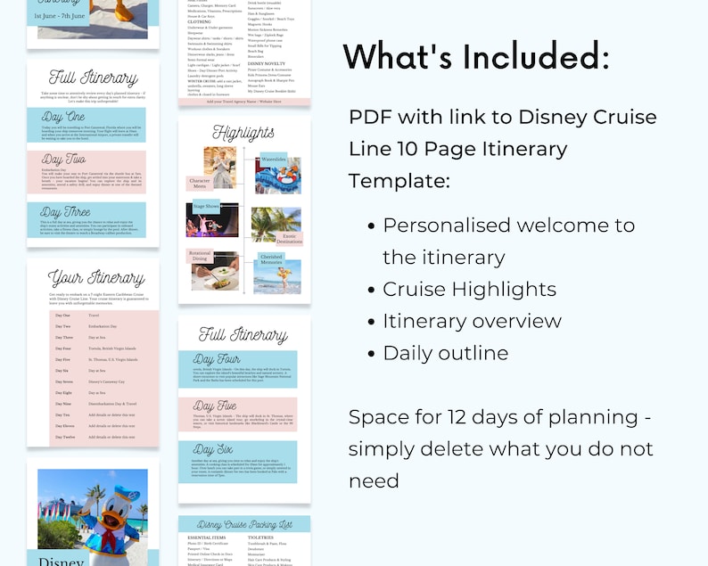 May include: A printable Disney Cruise itinerary planner with a pink and blue color scheme. The planner includes a welcome message, cruise highlights, itinerary overview, daily outline, and space for 12 days of planning.